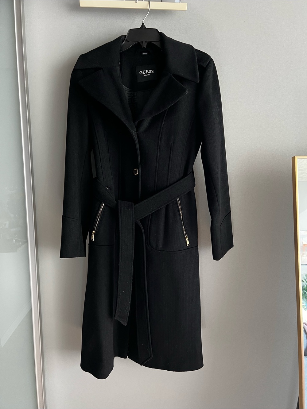 GUESS Black Wool Blend Belted Coat Gold Hardware M